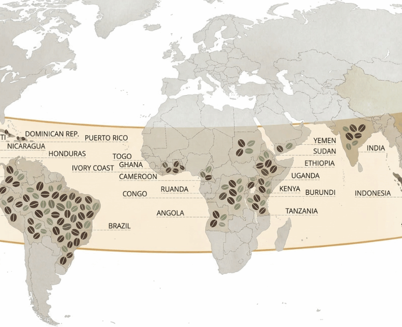 A world map highlighting the Coffee Belt, a horizontal band between the Tropics of Cancer and Capricorn where coffee is primarily grown, covering regions in Central and South America, Africa, and Southeast Asia.