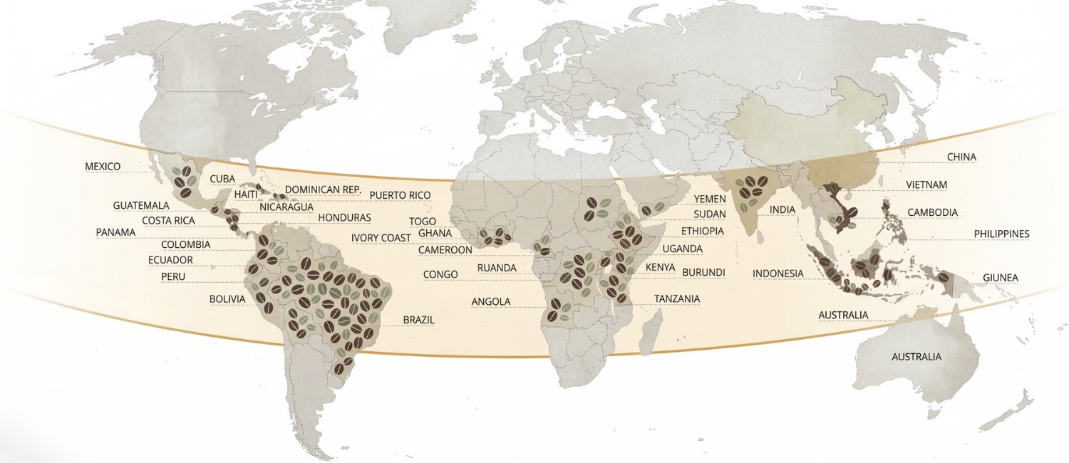 A world map highlighting the Coffee Belt, a horizontal band between the Tropics of Cancer and Capricorn where coffee is primarily grown, covering regions in Central and South America, Africa, and Southeast Asia.