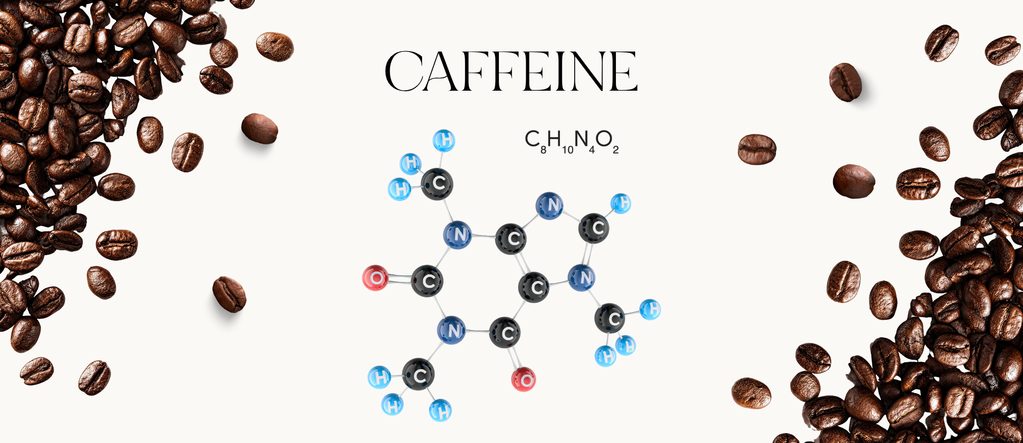 A graphic featuring the molecular chemical structure of caffeine and the formula C8H10N4O2.