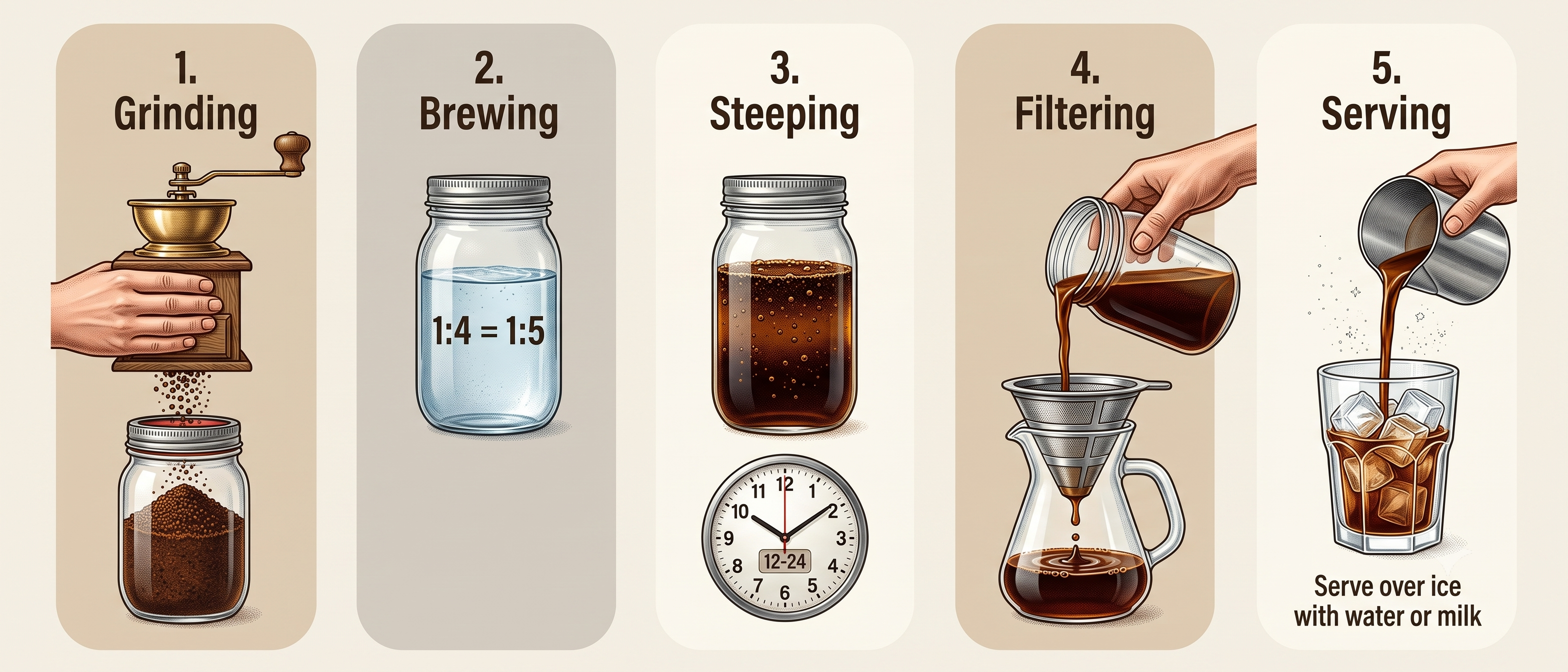 illustrated infographic showing 5 steps for making cold brew coffee